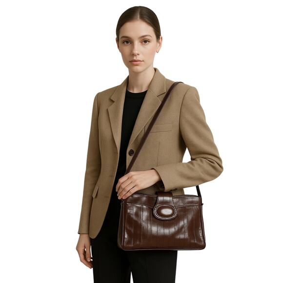 Vintage Genuine Eel Skin Shoulder Bag – Chocolate Brown – Made in Korea - Picture 1 of 7